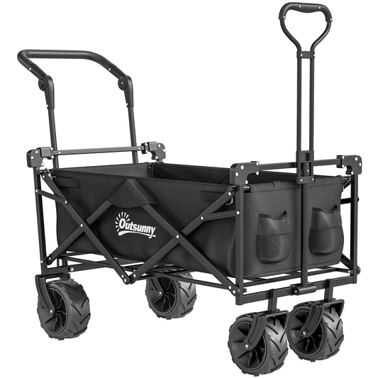 Photo of Outsunny 180L Festival Trolley on Wheels, Push & Pull Beach Cart with Removable Canopy, Wide All-Terrain Wheels, Folding Camping Trolley Cart, Adjustable Handle for Garden Fishing Shopping, Black in Black colour on a white background