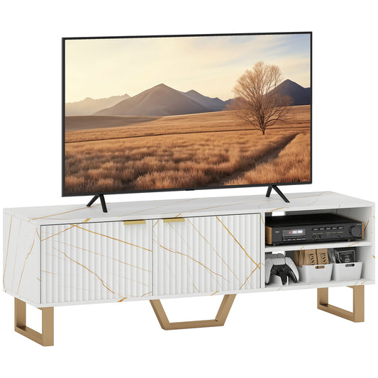 Photo of HOMCOM Marble Effect TV Unit, Modern TV Stand Cabinet for up to 70" TVs, with Shelves and Storage Cupboard, Fluted Door, Extra Centre Leg, Cable Management for Living Room, White in White colour on a white background