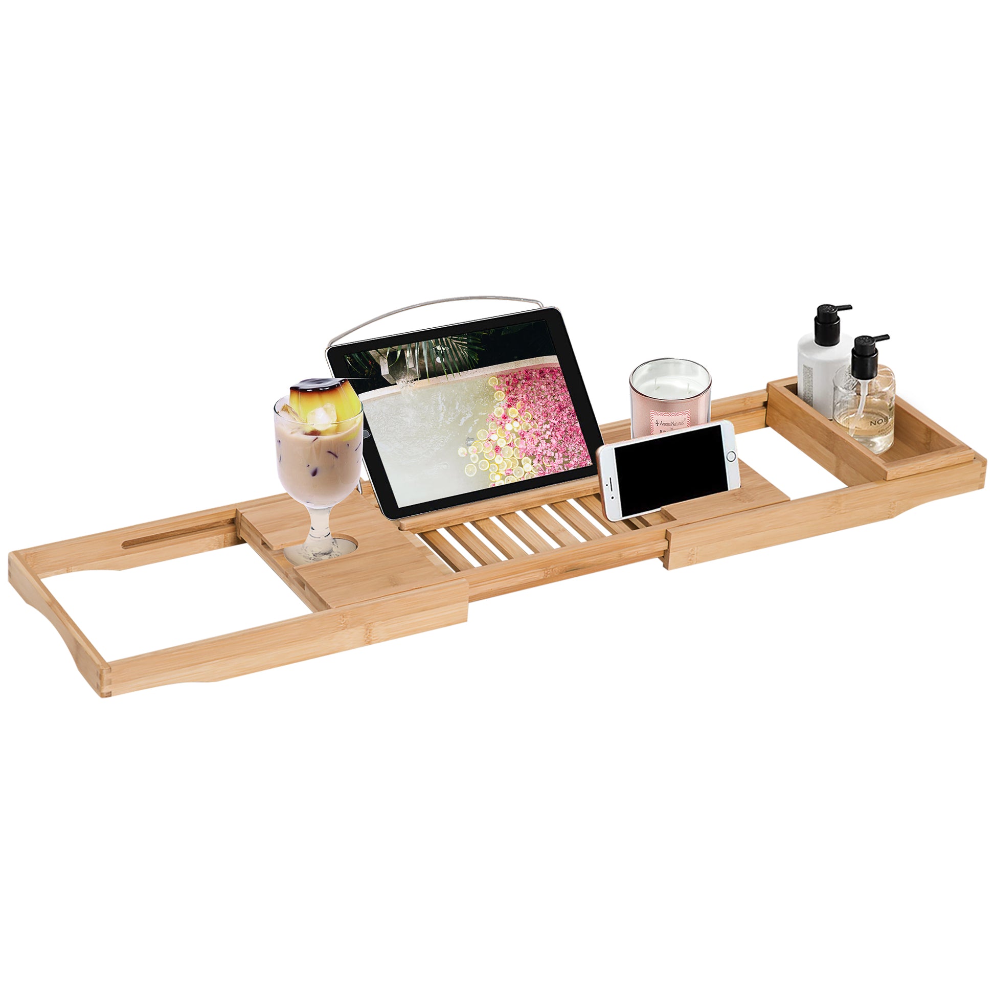 Photo of HOMCOM Extendable Bamboo Bathtub Shelf Rack Bath Caddy Tray Bathroom Storage in Storage colour on a white background