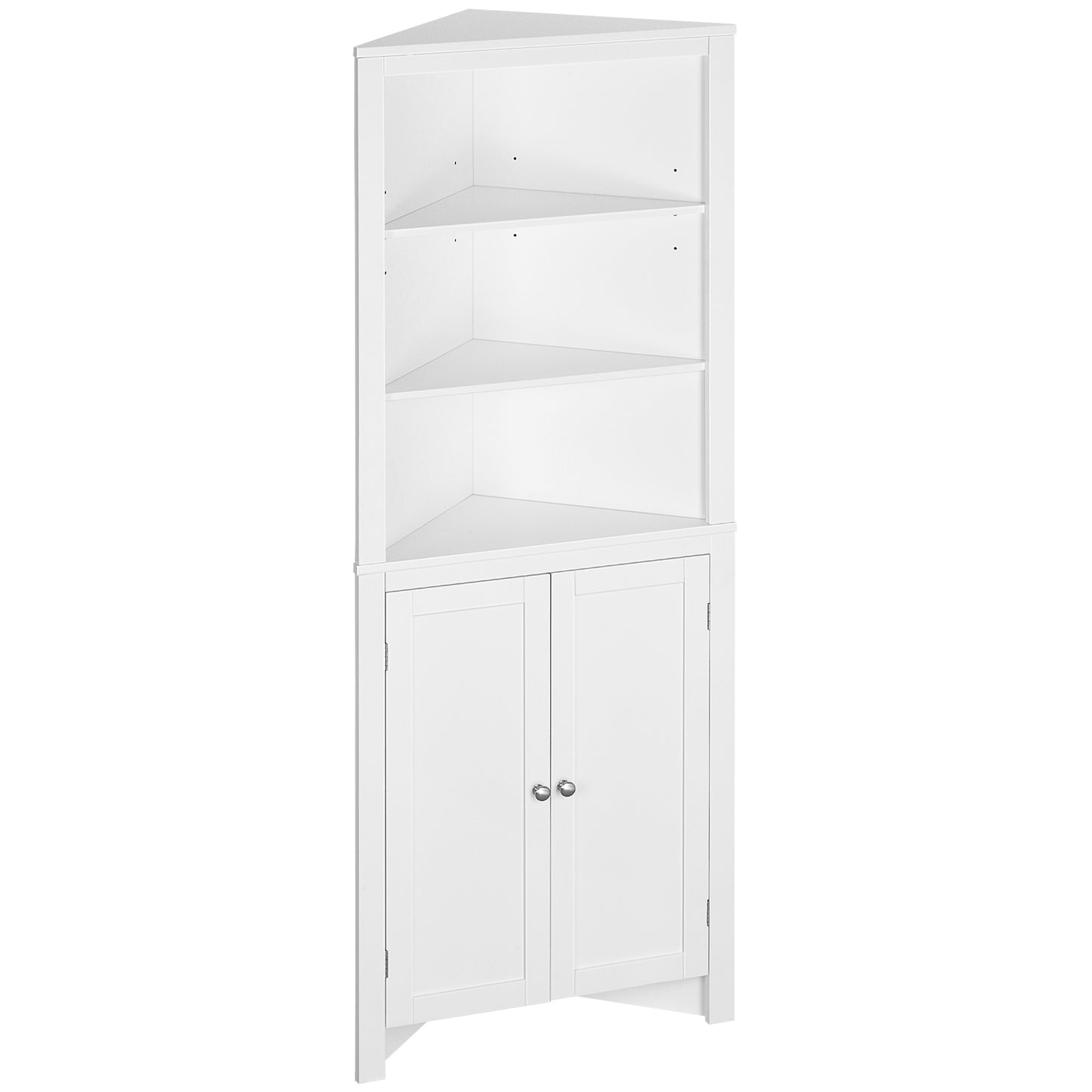 Photo of kleankin Triangle Bathroom Cabinet, Corner Bathroom Storage Unit with Cupboard and 3-Tier Shelves, Free Standing, White in White colour on a white background