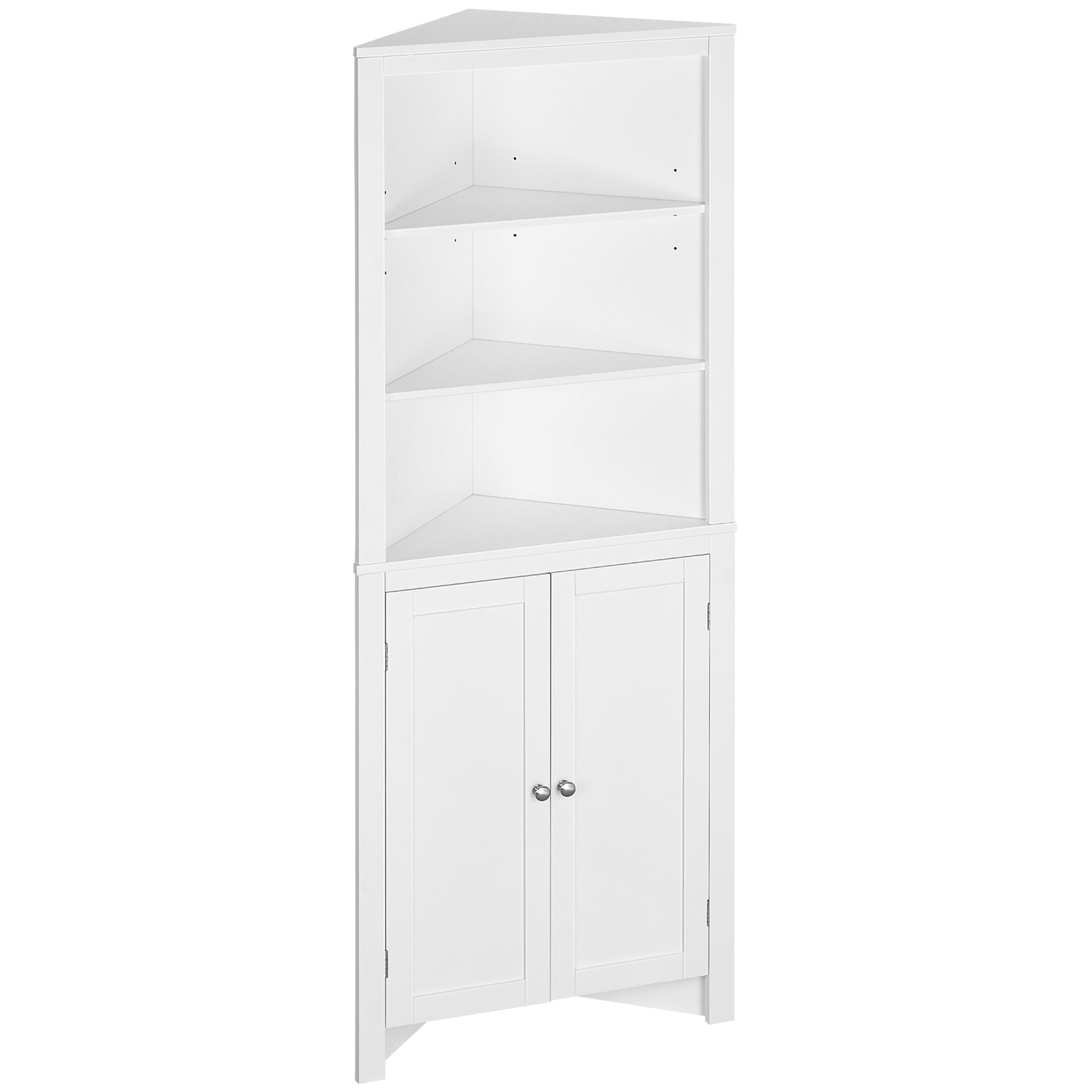Photo of kleankin Triangle Bathroom Cabinet, Corner Bathroom Storage Unit with Cupboard and 3-Tier Shelves, Free Standing, White in White colour on a white background