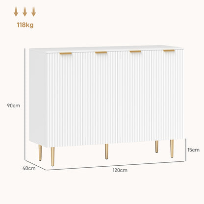 HOMCOM white sideboard with four ribbed doors, gold legs, and 120 cm width