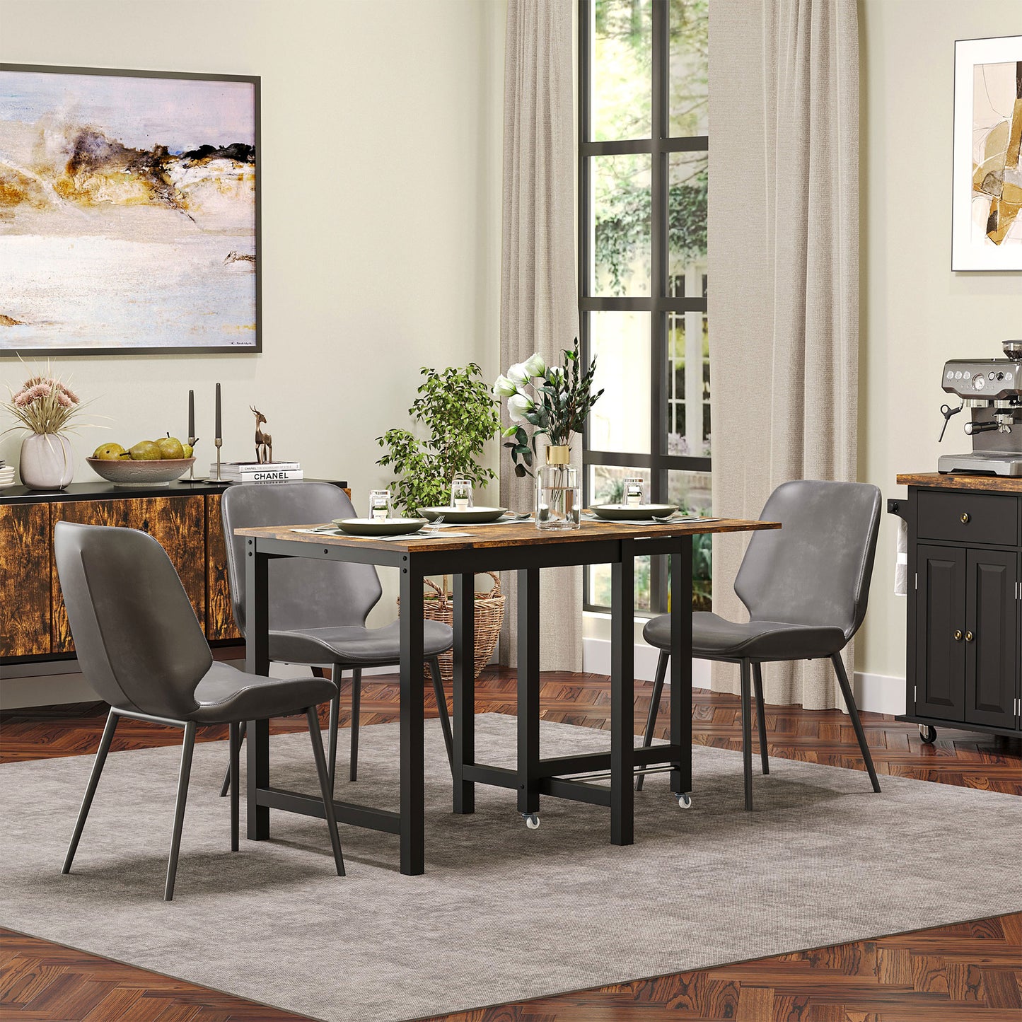 HOMCOM Folding Dining Table, Industrial Drop Leaf Table with Wheels and Metal Frame for Kitchen, Dining Room, Space Saving, Rustic Brown