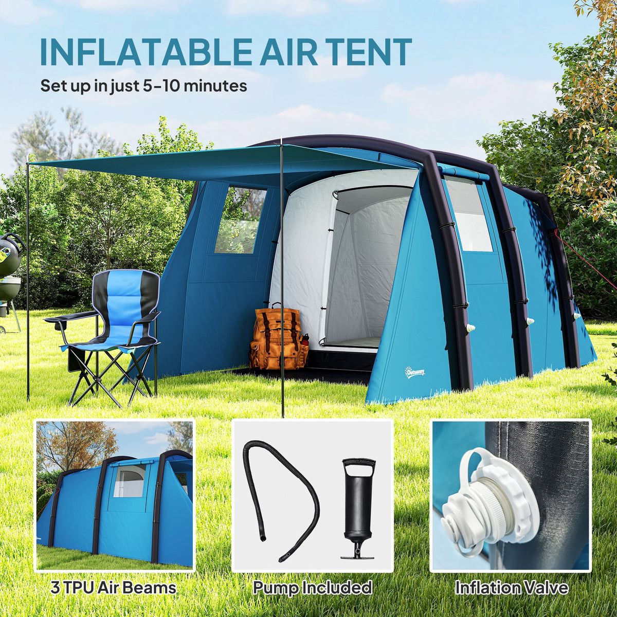 Outsunny Inflatable 3 Man Tunnel Tent w/ Air Pump, Living Area & Vestibule, Waterproof Family Camping Air Tent, Groundsheet, Removable Footprint for Hiking, 440L x 280W x 195Hcm, Blue