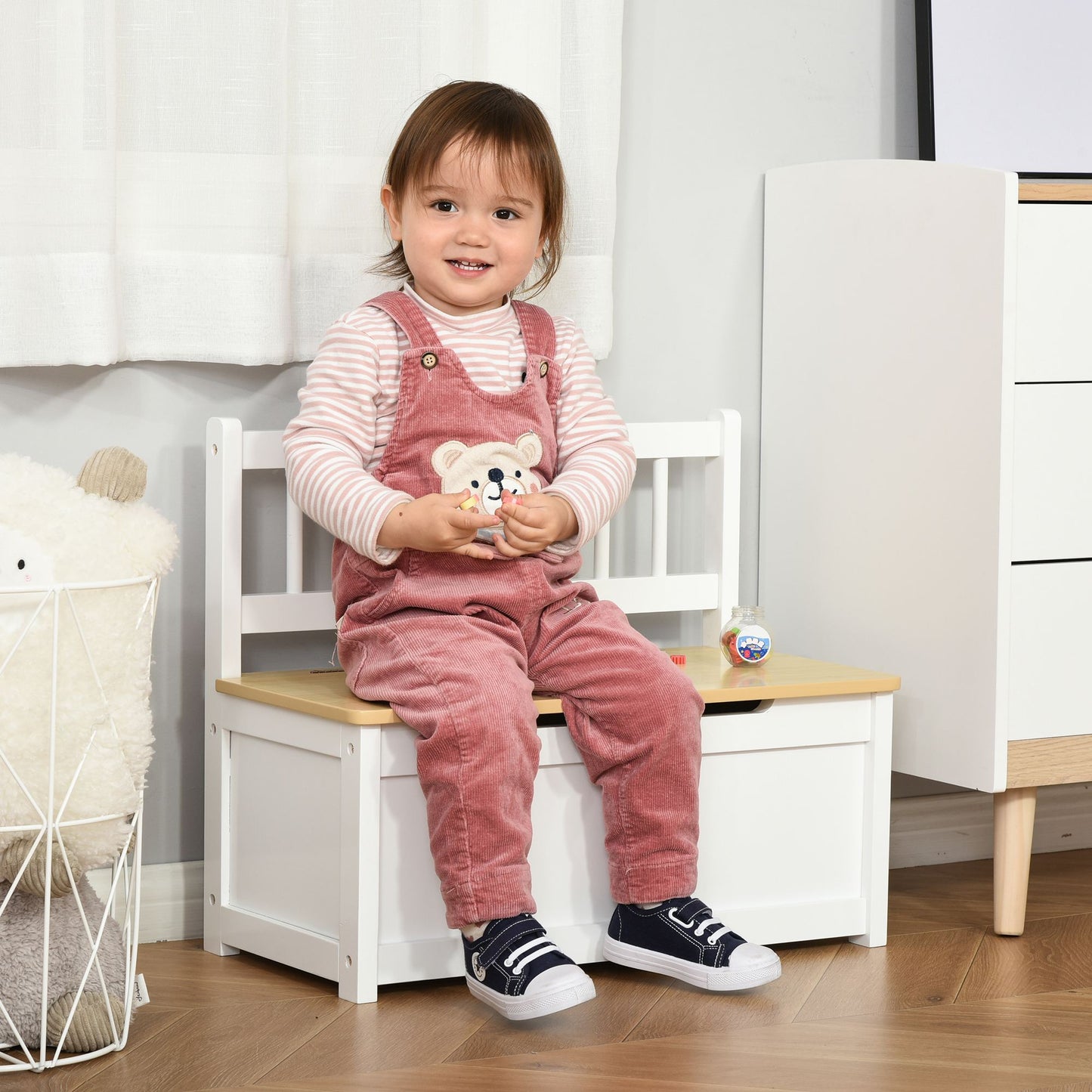HOMCOM 2 In 1 Wooden Toy Box, Seat Storage Bench, Storage Chest Cabinet Organiser, with Safety Pneumatic Rod