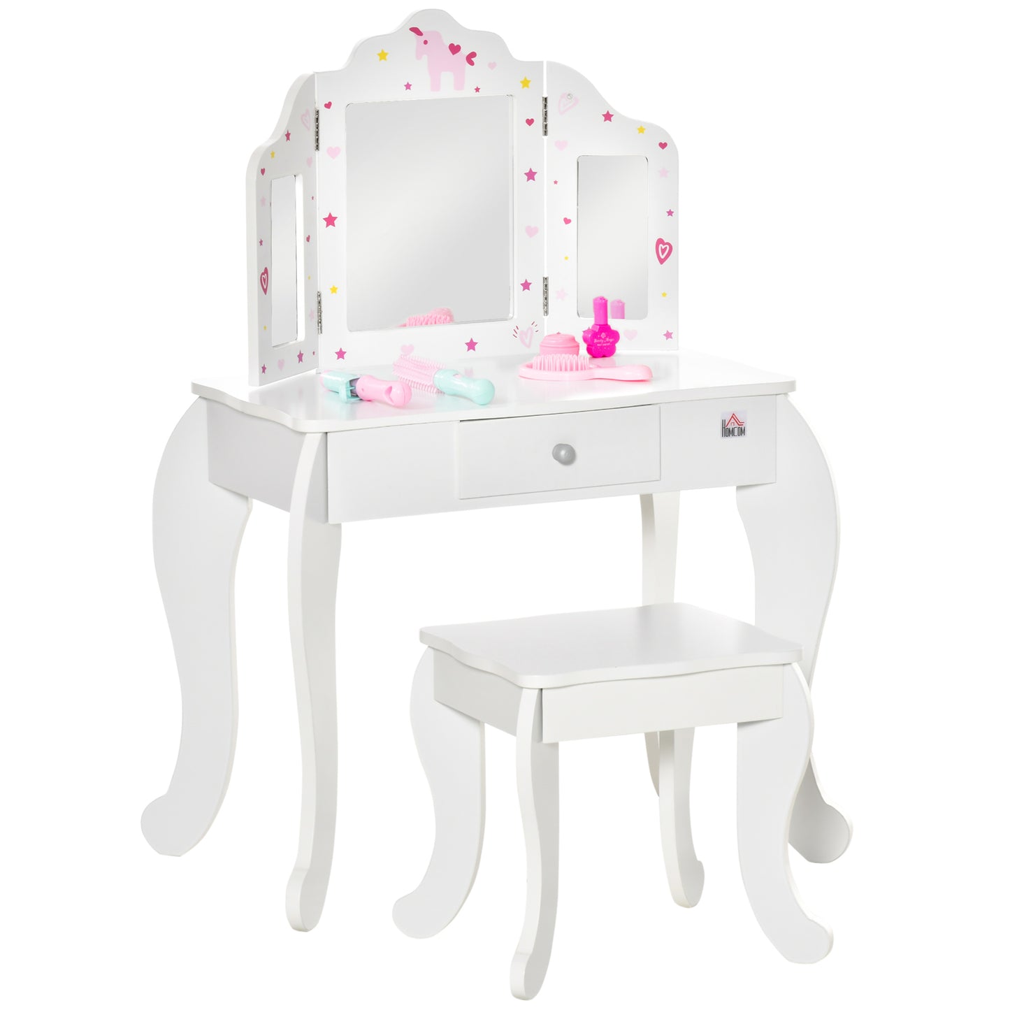 Photo of HOMCOM Kids Vanity Table and Chair Set with Tri-Folding Mirror and Stool, Makeup Dressing Table with Drawer, White in White colour on a white background