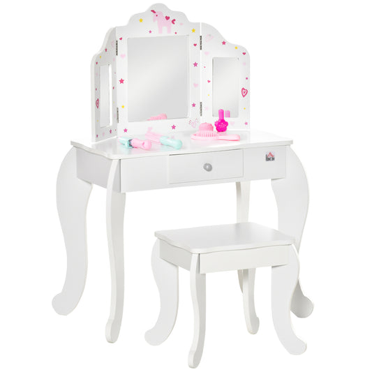 Photo of HOMCOM Kids Vanity Table and Chair Set with Tri-Folding Mirror and Stool, Makeup Dressing Table with Drawer, White in White colour on a white background