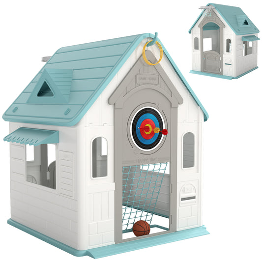 Photo of AIYAPLAY 5-in-1 Playhouse for Kids Outdoor Indoor with Basketball Hoop, Football Goal, Dartboard, Ring Toss for 2-5 Years, Beige in Beige colour on a white background