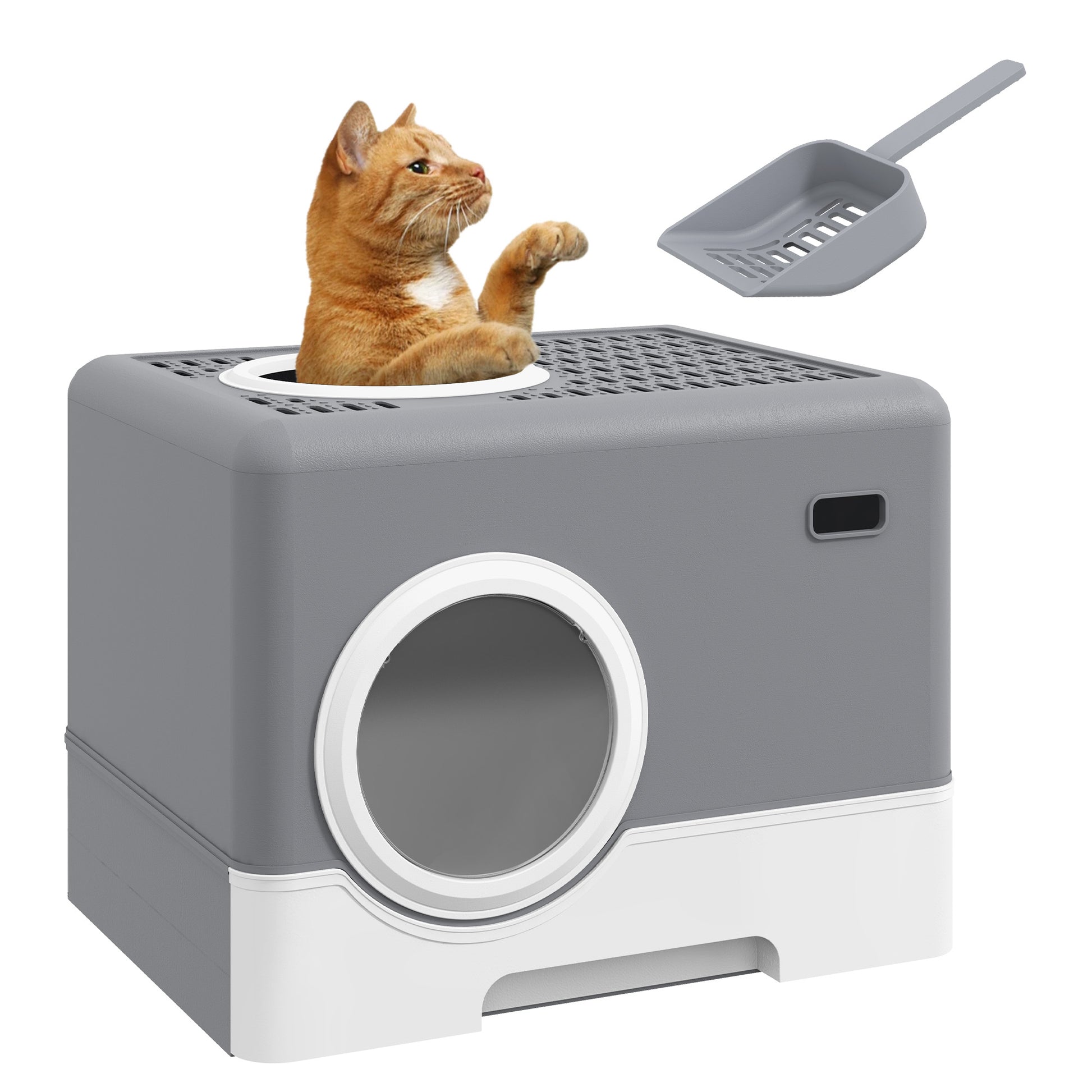 Photo of PawHut Enclosed Cat Litter Box, with Lid, Front Entry, Top Exit, Pull-Out Tray, Scoop - Grey in Grey colour on a white background