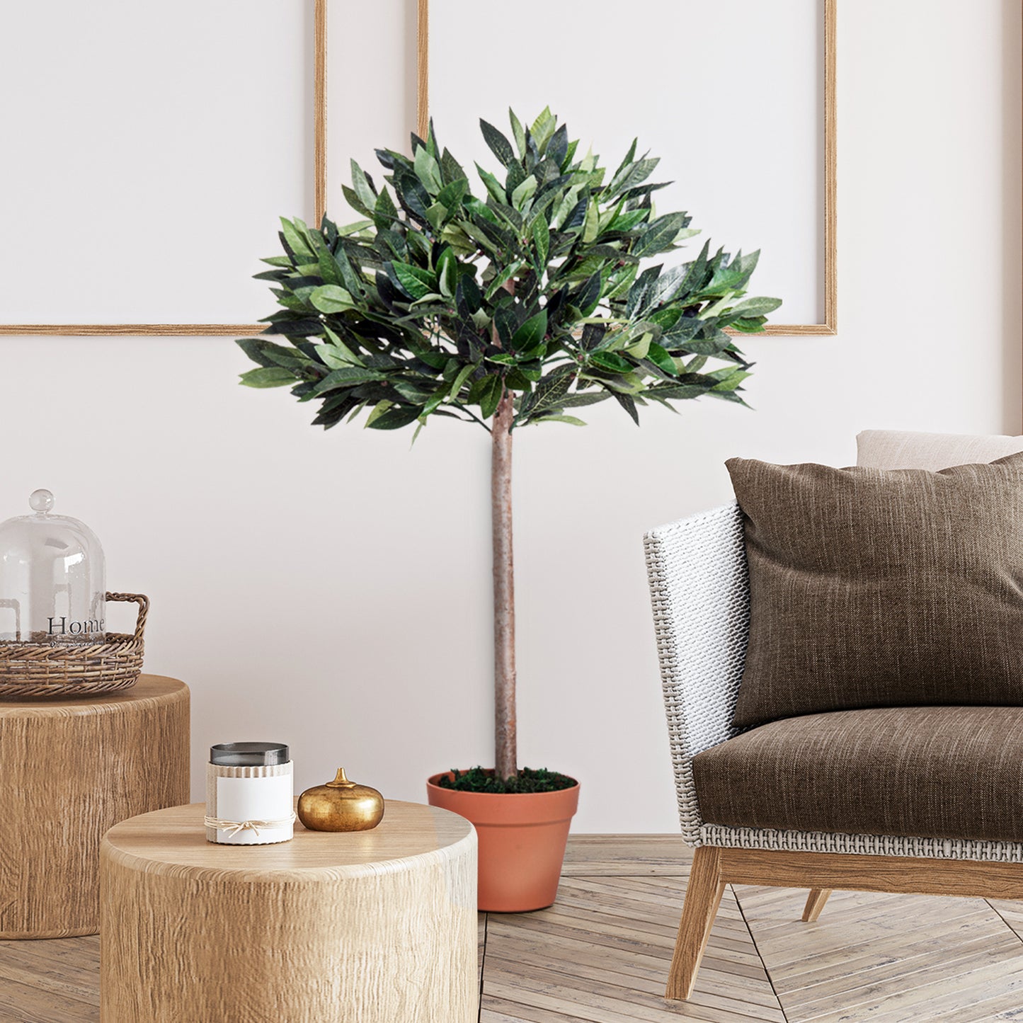 Outsunny Artificial Bay Tree In Pot, 3ft Tall Indoor Outdoor Garden Topiary Ball with Solid Wood Trunk, Realistic Lush Green Leaves for Home Office Garden Porch
