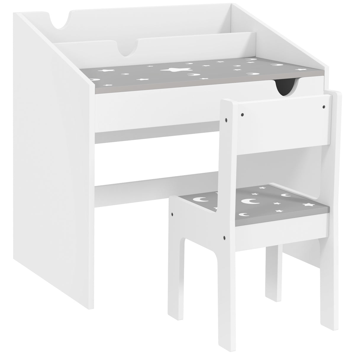 AIYAPLAY gray children's desk and chair set with pull-out drawer and moon-and-star seat pattern