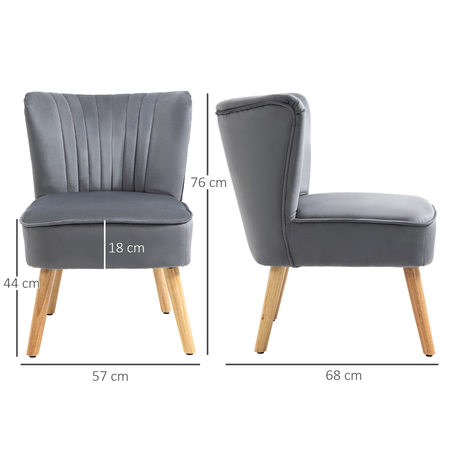 HOMCOM Velvet Accent Chair Occasional Tub Seat Padding Curved Back with Wood Frame Legs Home Furniture for Bedroom Living Room Set of 2 Grey