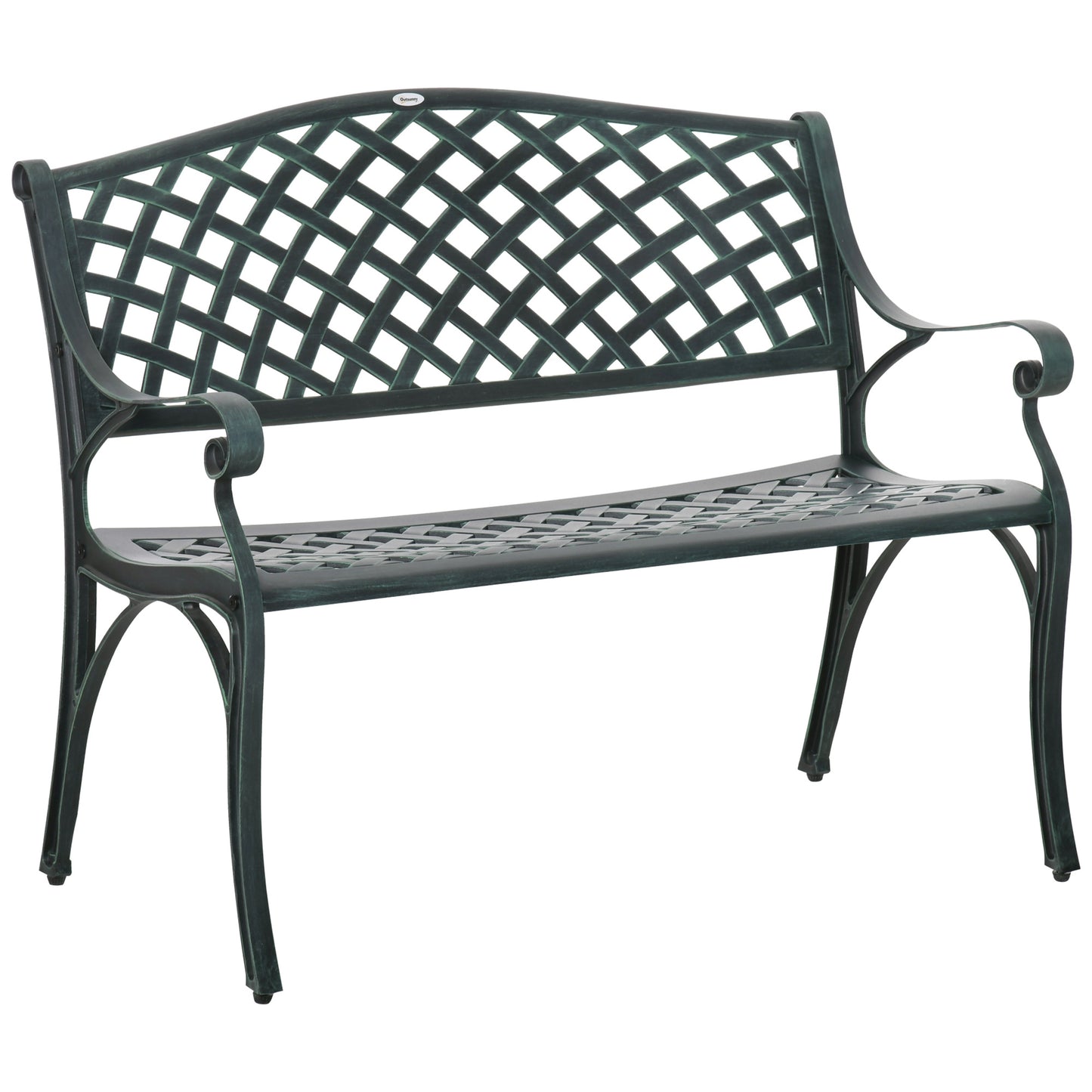 Photo of Outsunny Cast Aluminium Garden Bench 2 Seater Antique Loveseat for Outdoor Patio Porch Park, Verdigris in Verdigris colour on a white background