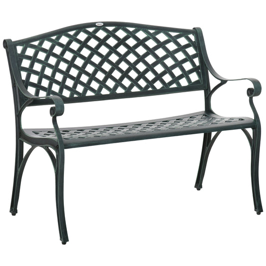 Photo of Outsunny Cast Aluminium Garden Bench 2 Seater Antique Loveseat for Outdoor Patio Porch Park, Verdigris in Verdigris colour on a white background