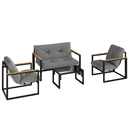 Photo of Outsunny Garden Furniture Set, 4 Piece Indoor Outdoor Conservatory with Loveseat Sofa, Armchairs, Glass Top Coffee Table, Cushions for Balcony, Poolside, Patio, Light Grey in Grey colour on a white background