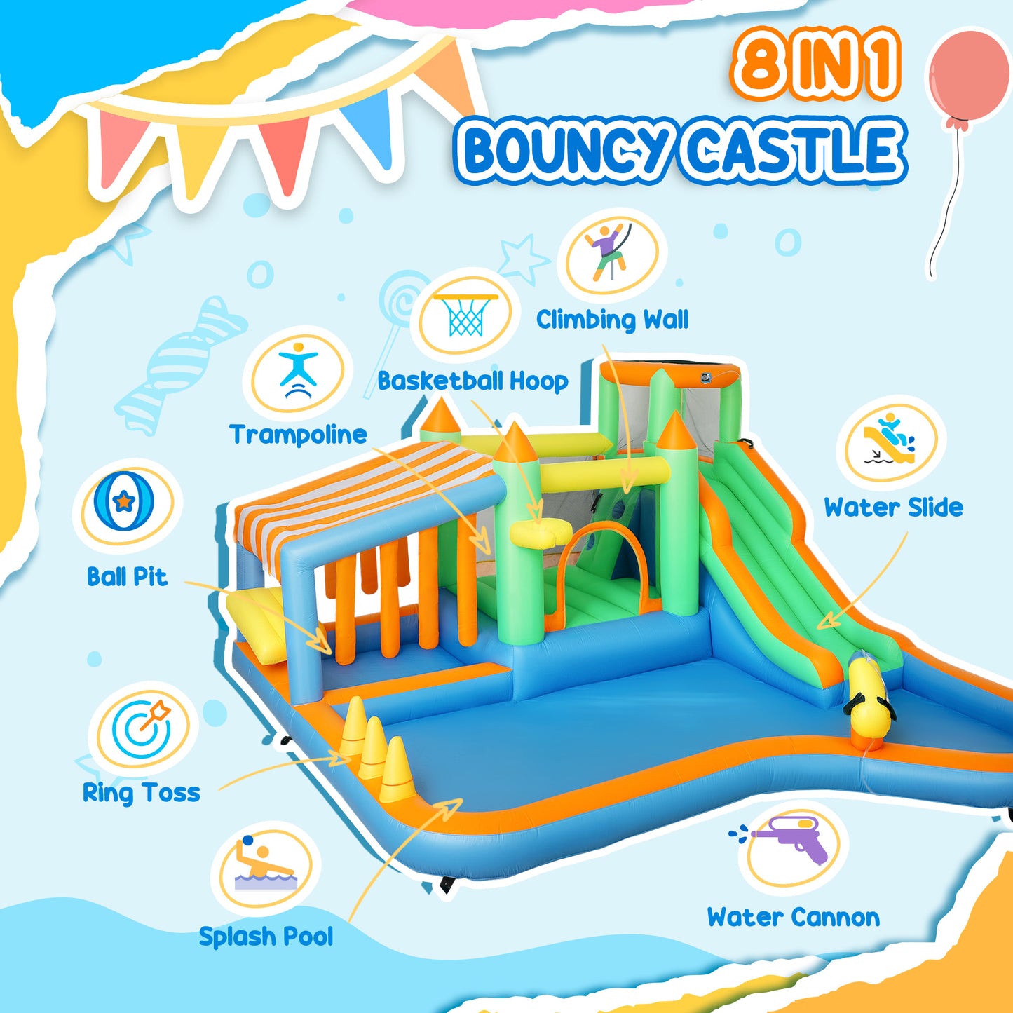 AIYAPLAY 8 in 1 Inflatable Bounce House with 550W Blower, Slide, 2 Pools, Basketball Hoop, Climbing Wall, Water Gun, Ring Toss