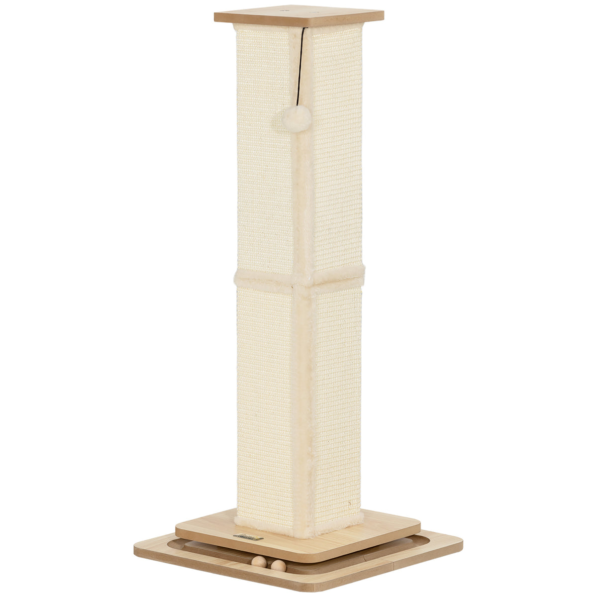 PawHut cat scratching post with sisal column, hanging ball and wooden ball-track base