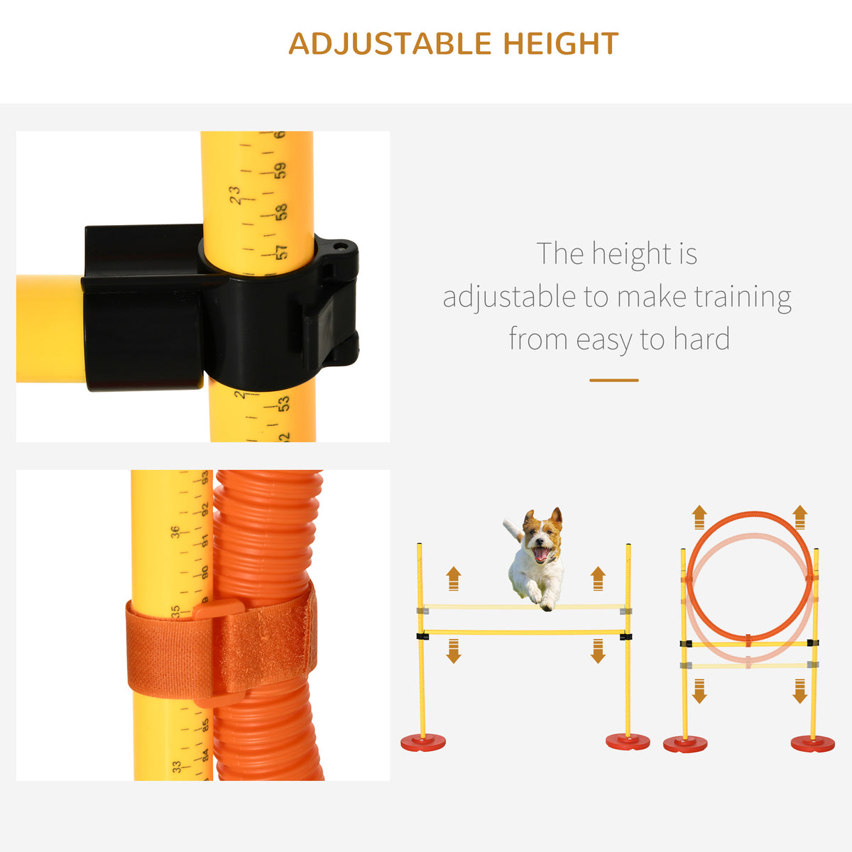 Dog agility set with adjustable-height hurdle and jumping ring poles