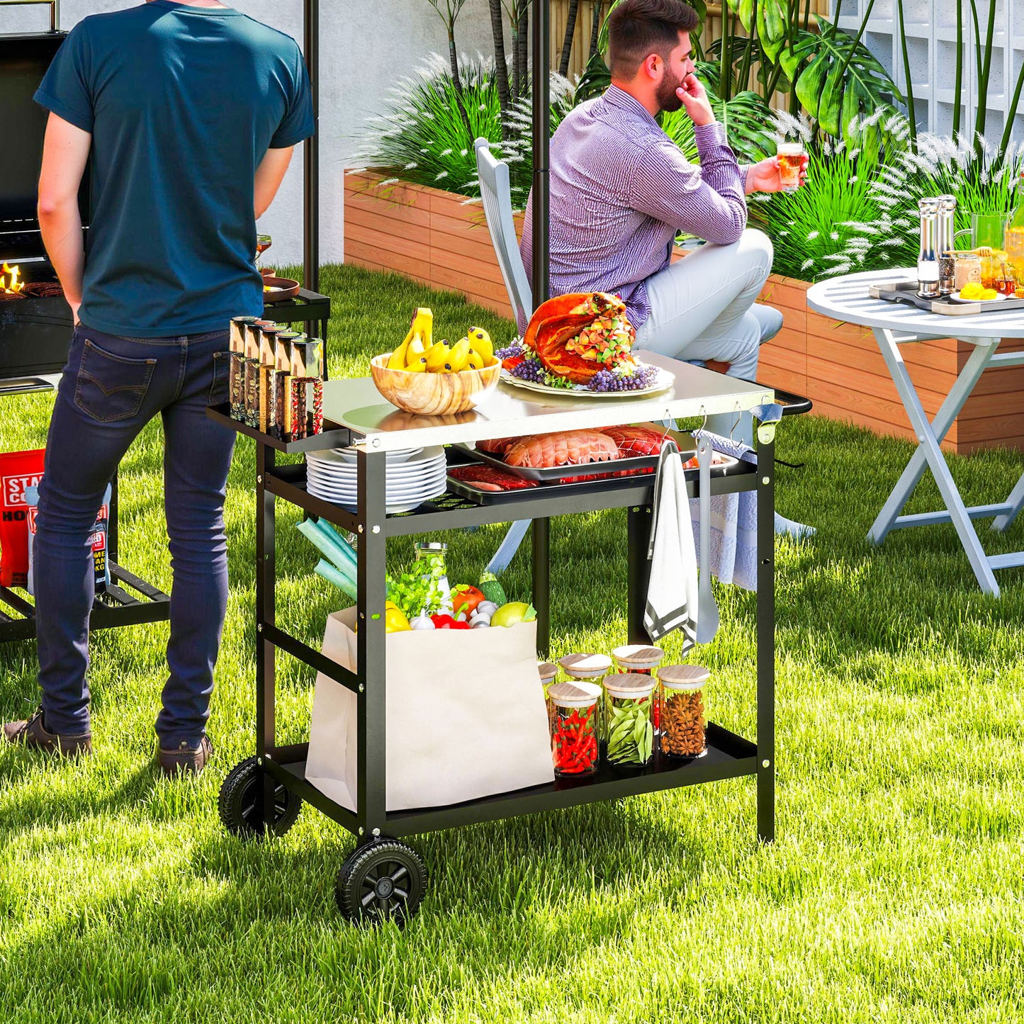 Outsunny BBQ Trolley with Stainless Steel Top Adjustable Shelf, Outdoor Kitchen Barbecue Station with Hooks Seasoning Tray Towel Rack, Pizza Oven Table Movable Grill Dining Cart with Cover, Black