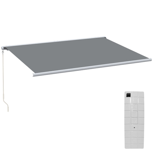 Outsunny retractable awning with gray fabric canopy, white frame, crank handle and remote