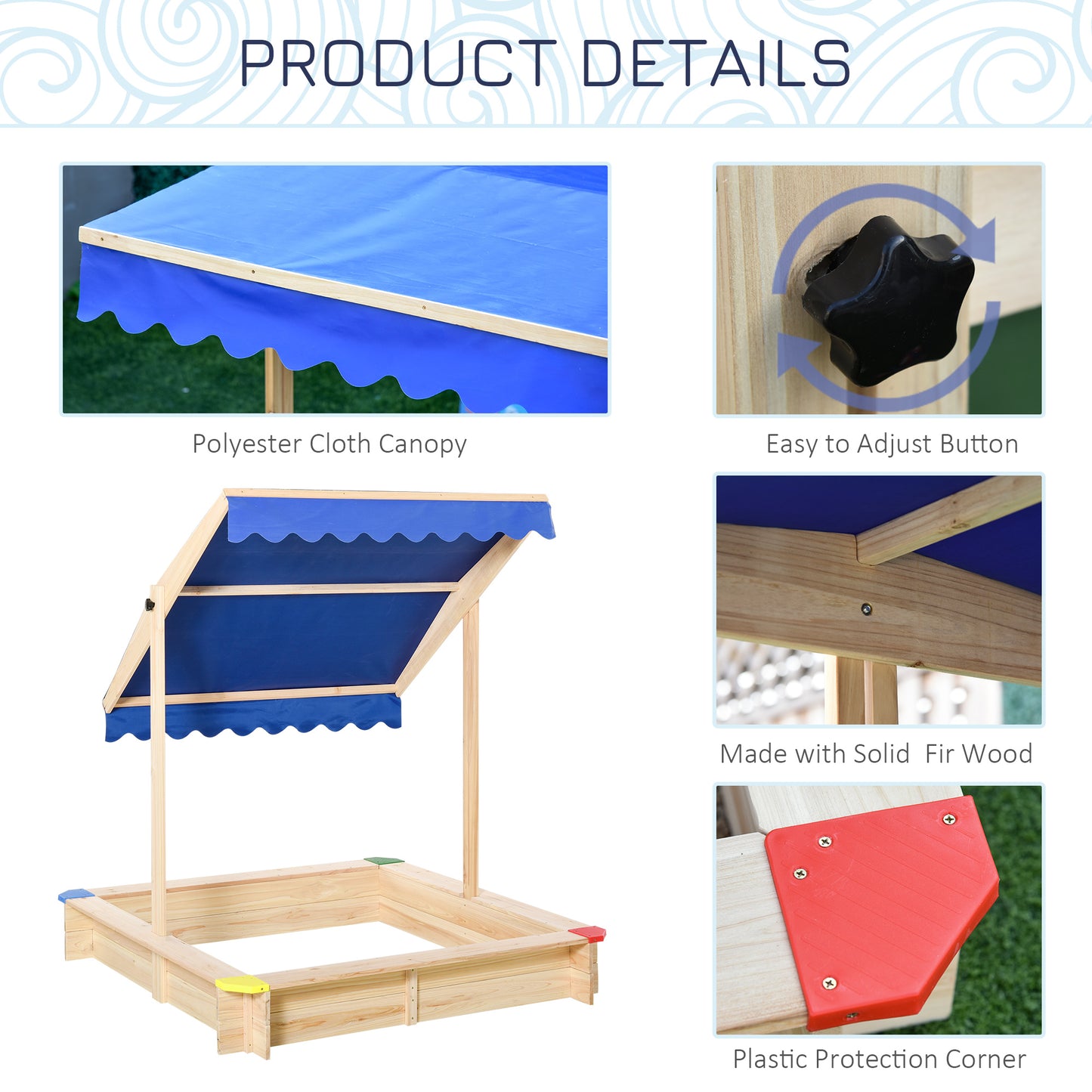 Outsunny Sandpit, Kids Wooden Sandbox with Adjustable Canopy, Bench Seats & Protective Corners for 3-6 Years Boys Girls, 120x120x120cm