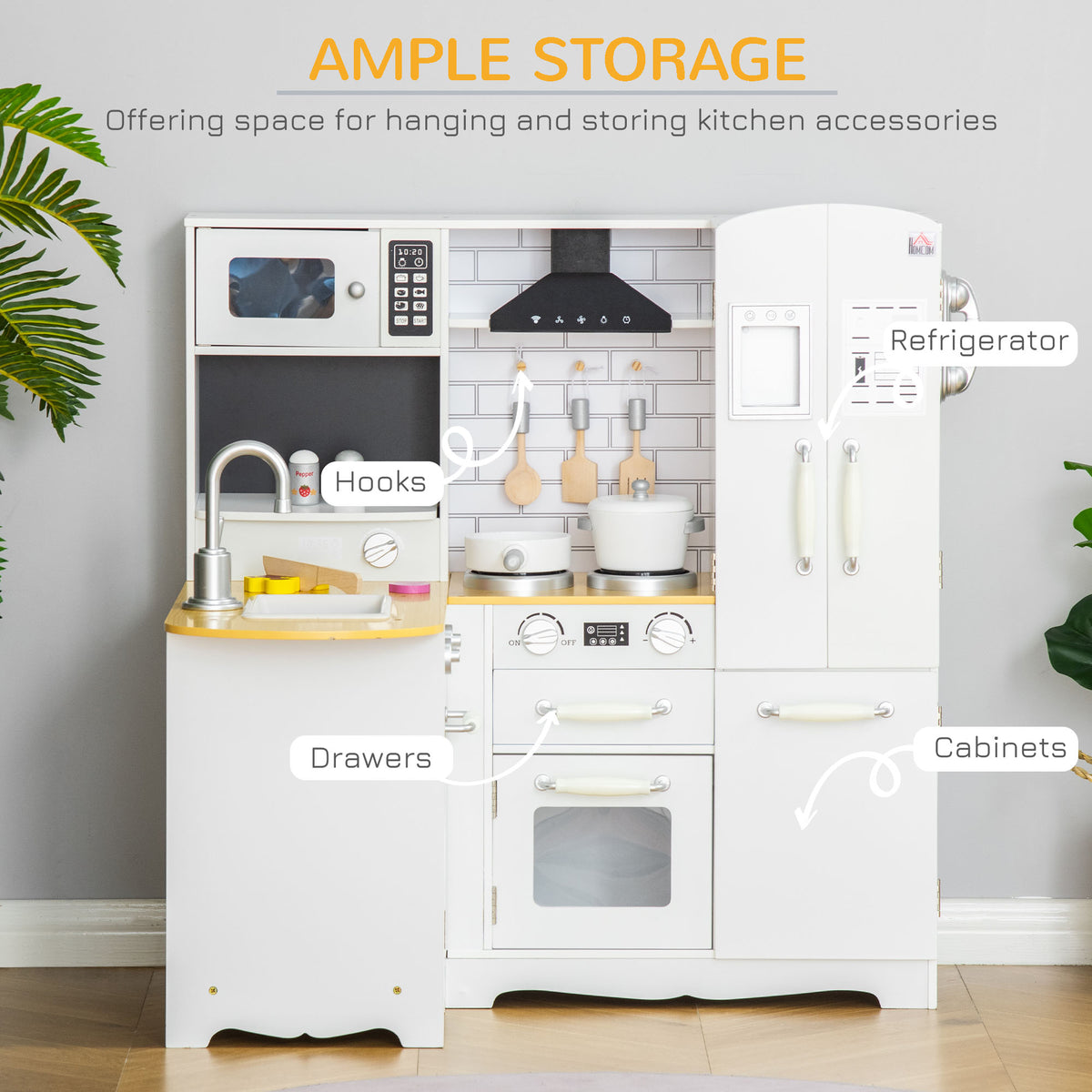 HOMCOM white kids' play kitchen with sink, stove, microwave, refrigerator, drawers and cabinets