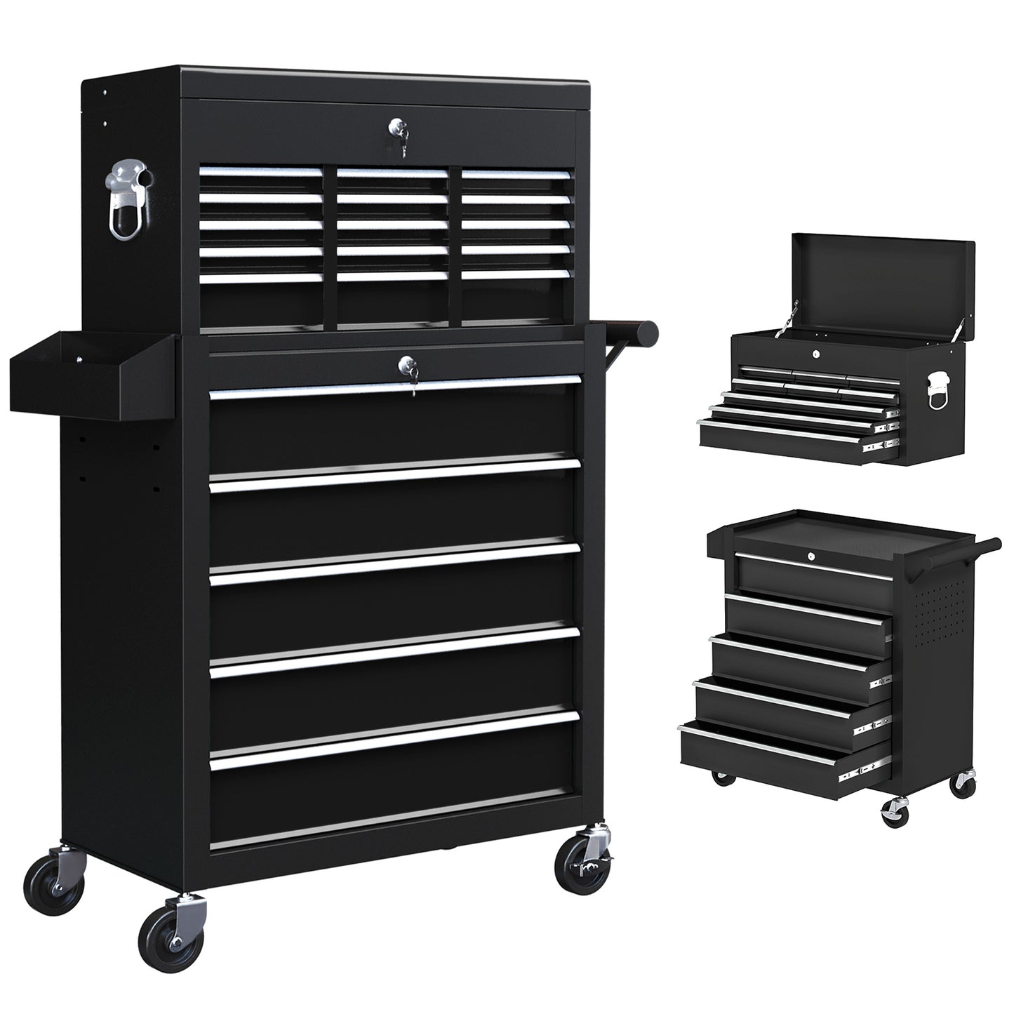 Photo of HOMCOM 14 Drawer, Two-Part Tool Storage Chest on Wheels - Black in Black colour on a white background