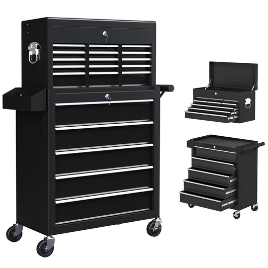 Photo of HOMCOM 14 Drawer, Two-Part Tool Storage Chest on Wheels - Black in Black colour on a white background