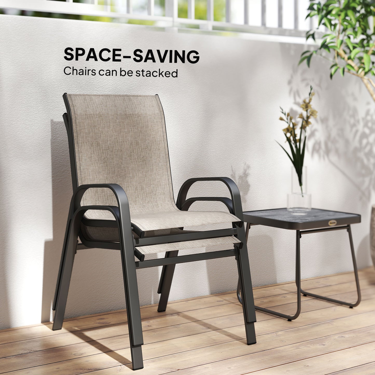 Outsunny 3 Pieces Outdoor Bistro Set, Patio Stackable Armchairs with Breathable Mesh Fabric and SPC Board Coffee Table, Brown