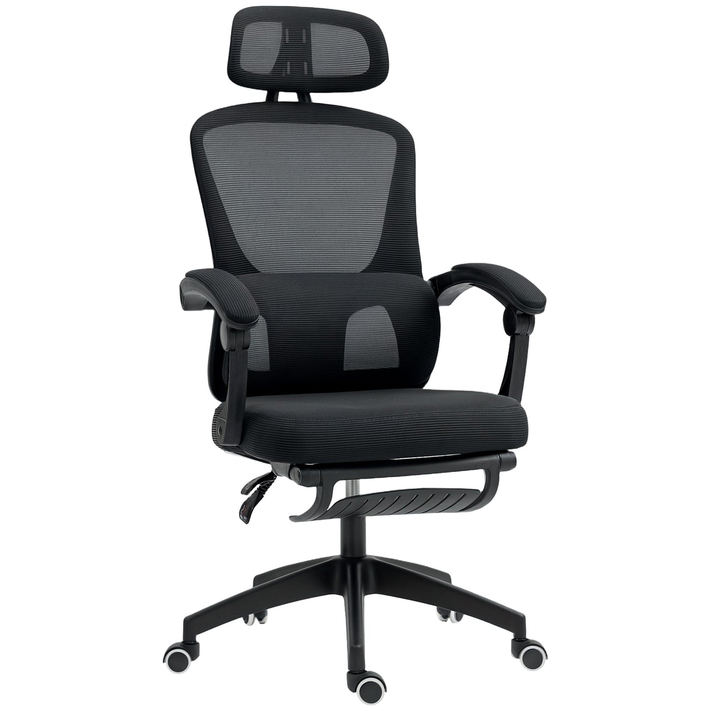 Photo of HOMCOM Ergonomic Office Chair, Mesh High Back Desk Chair with Adjustable Lumbar Support and Headrest, Footrest, Reclining Executive Swivel Computer Chair for Home Study, Black in Black colour on a white background