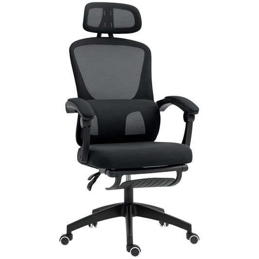 Photo of HOMCOM Ergonomic Office Chair, Mesh High Back Desk Chair with Adjustable Lumbar Support and Headrest, Footrest, Reclining Executive Swivel Computer Chair for Home Study, Black in Black colour on a white background