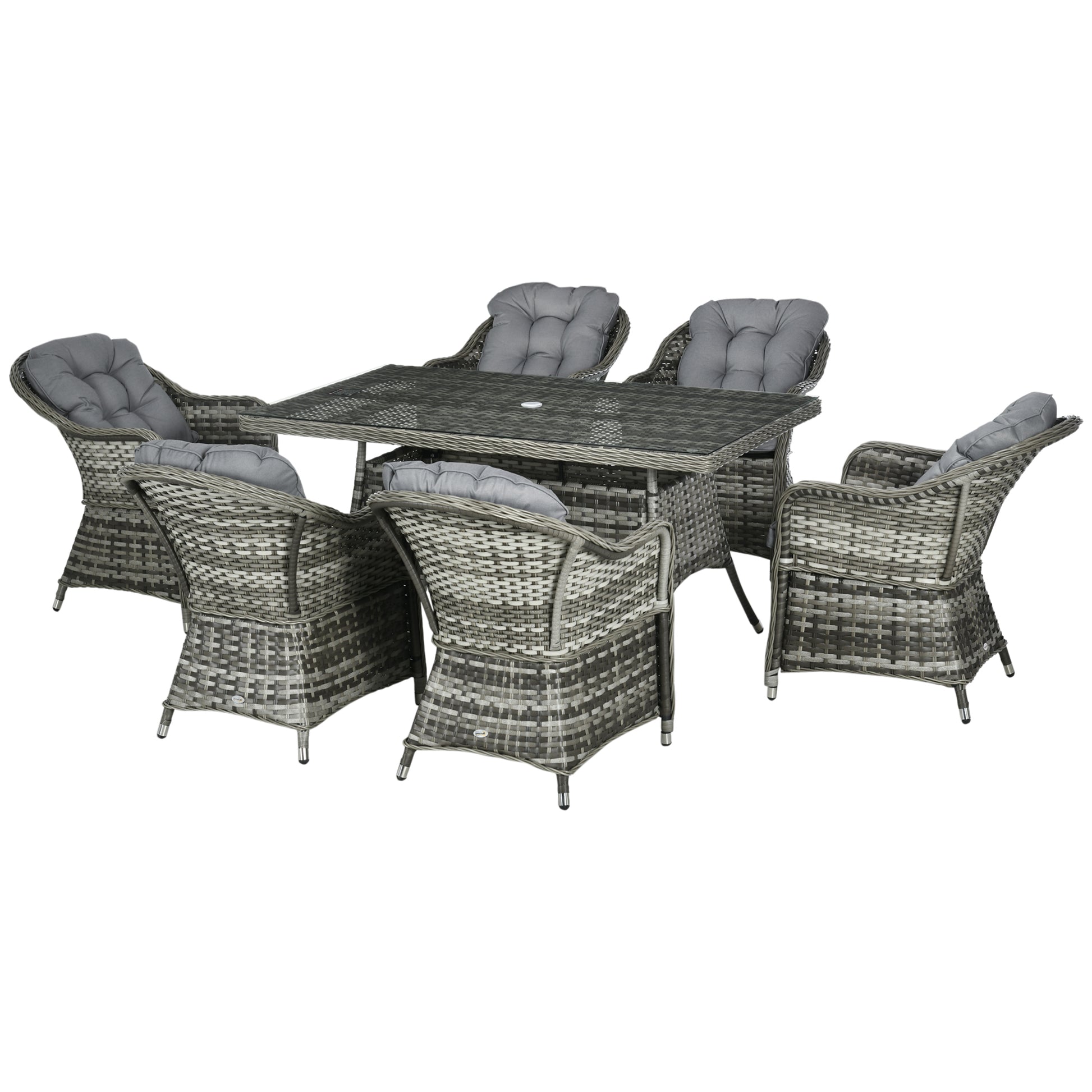 Photo of Outsunny Seven-Piece Rattan Dining Set with Tempered Glass Table Top and Parasol Hole - Grey in Grey colour on a white background