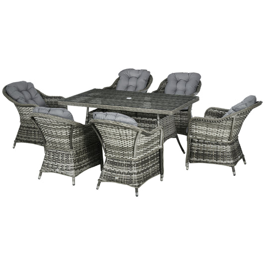 Photo of Outsunny Seven-Piece Rattan Dining Set with Tempered Glass Table Top and Parasol Hole - Grey in Grey colour on a white background