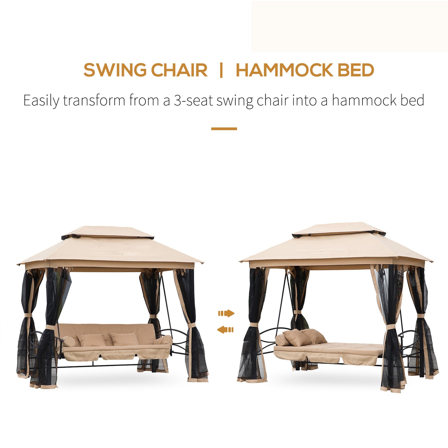 Outsunny 3 Seater Swing Chair 3-in-1 Convertible Garden Swing Seat Bed Gazebo Patio Bench Outdoor with Double Tier Canopy, Cushioned Seat, Mesh Sidewalls, Beige