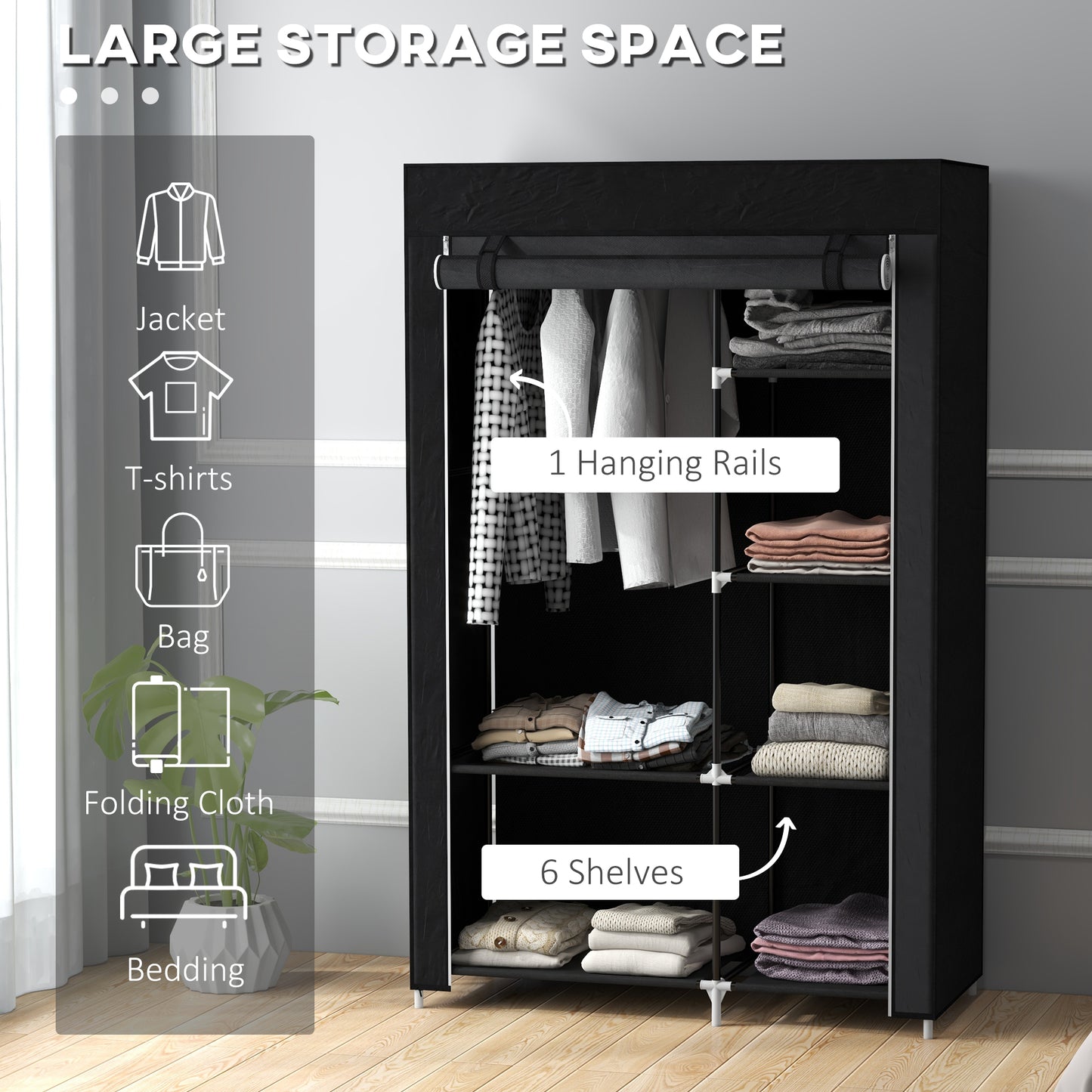 HOMCOM Fabric Wardrobe w/ Shelves Hanging Rail Foldable Wardrobe Black