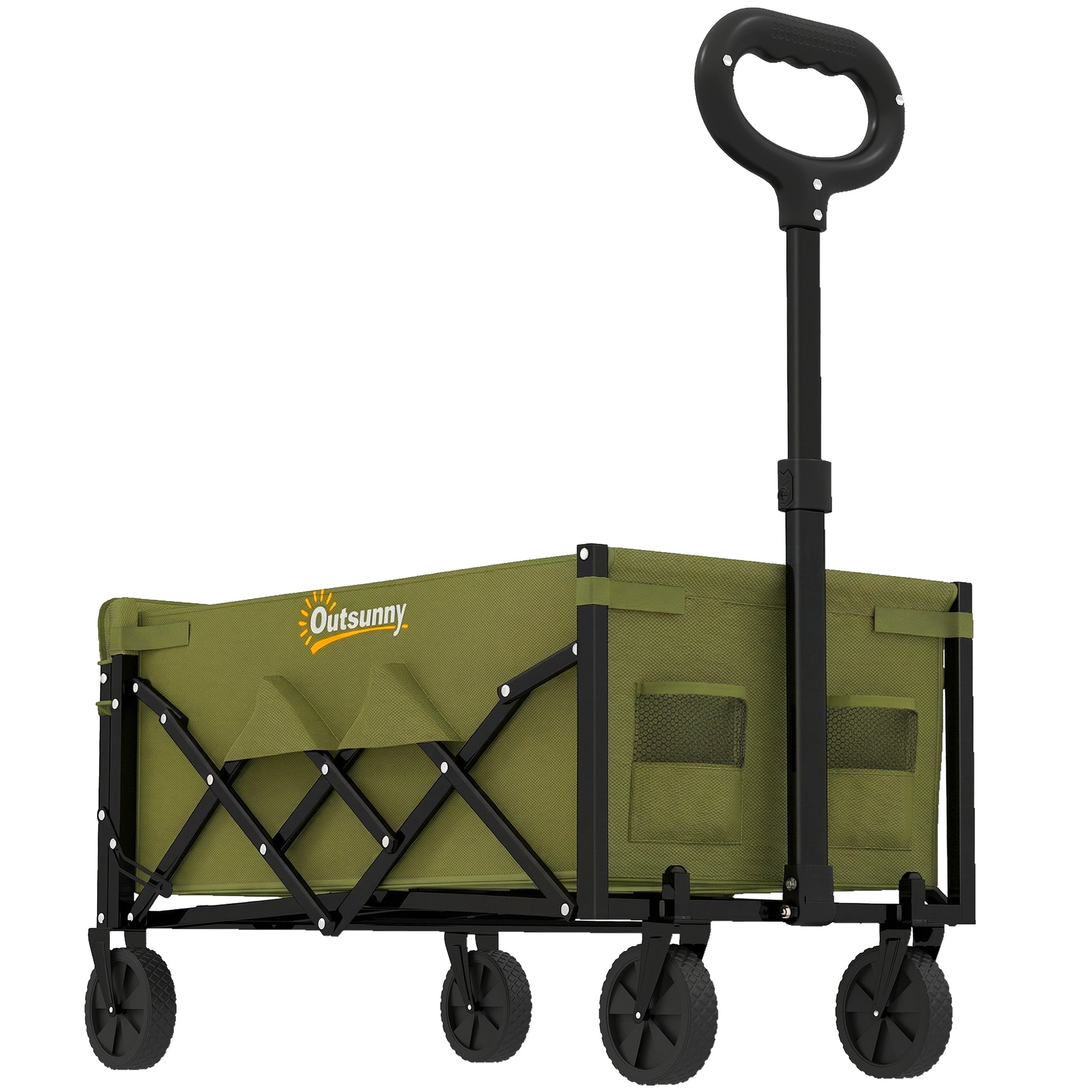 Photo of Outsunny 60L Foldable Festival Trolley on Wheels, Collapsible Wagon Cart with Drop-Down Tailgate, Adjustable Handle, Green in Green colour on a white background