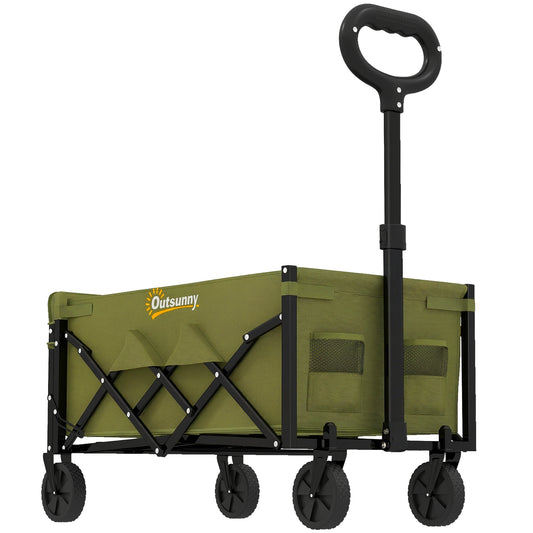 Photo of Outsunny 60L Foldable Festival Trolley on Wheels, Collapsible Wagon Cart with Drop-Down Tailgate, Adjustable Handle, Green in Green colour on a white background