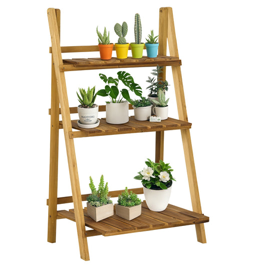 Photo of Outsunny Wooden Folding Flower Pot Stand 3 Tier Garden Planter Display Ladder Gardener Storage Shelves Rack Herb Holder (60L x 37W x 93H cm) in cm) colour on a white background