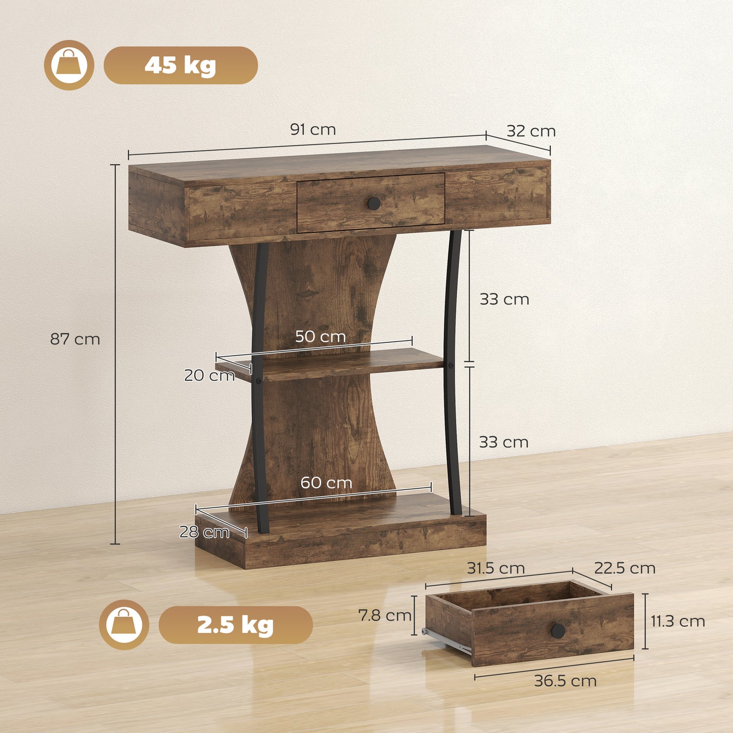 HOMCOM Console Table, 3-Tier Industrial Hallway Table with Drawer, Storage Shelves, 91 x 32 x 87 cm, Rustic Brown