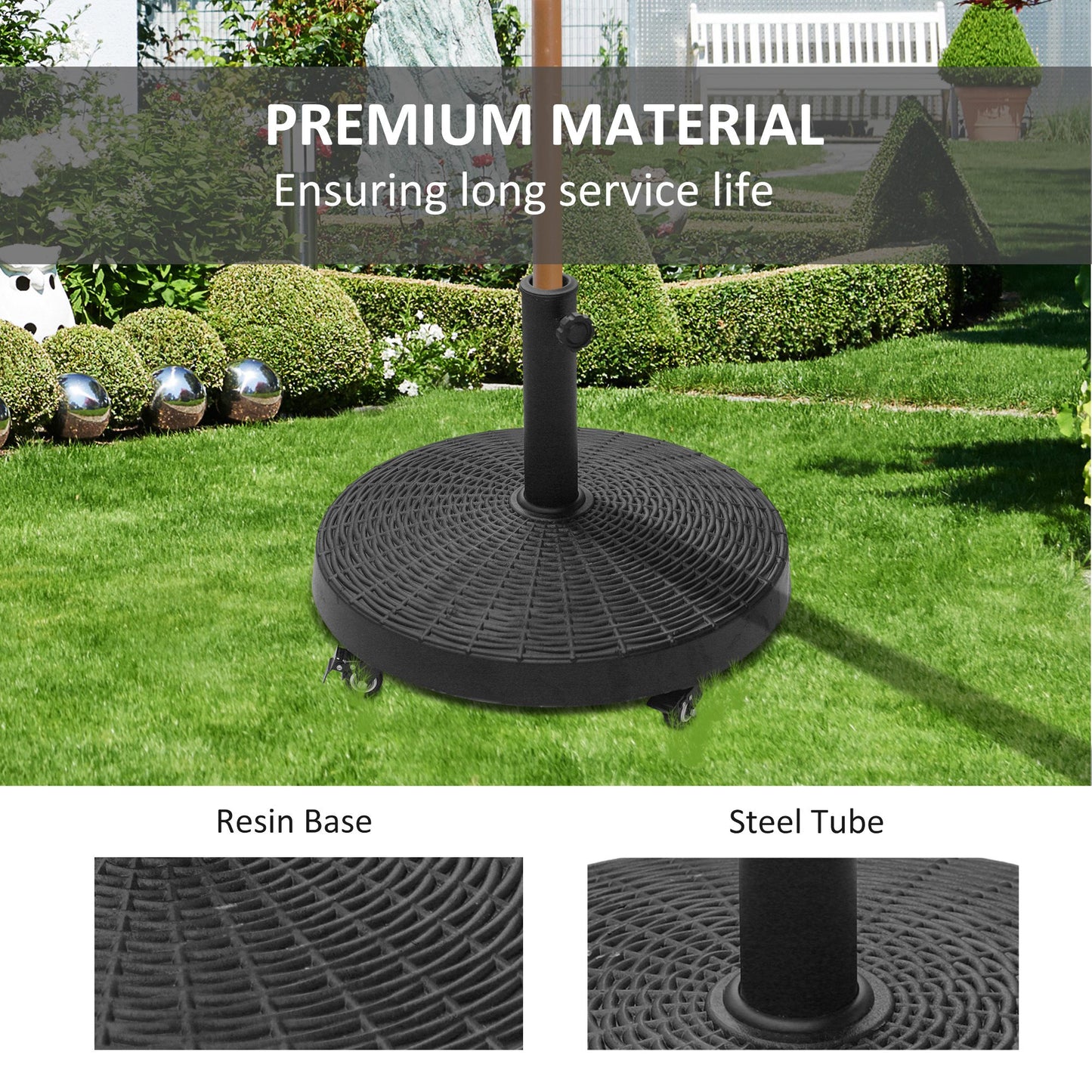Outsunny 22.7 kg Garden Parasol Base with Wheels, Resin Outdoor Umbrella Stand Round Garden Sunshade Holder for 38 mm/48 mm Poles