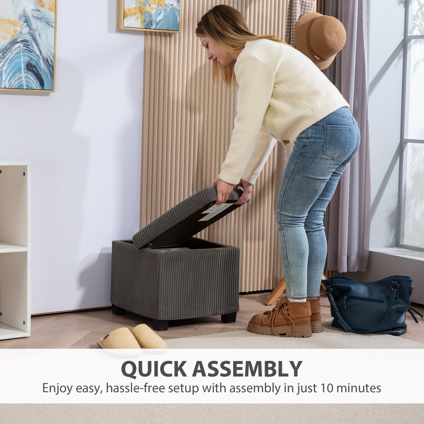 HOMCOM Storage Ottoman Bench, Corduroy Storage Chest Box with Wooden Legs, 40cm Bed End Bench for Living Room, Bedroom, Entryway, Grey