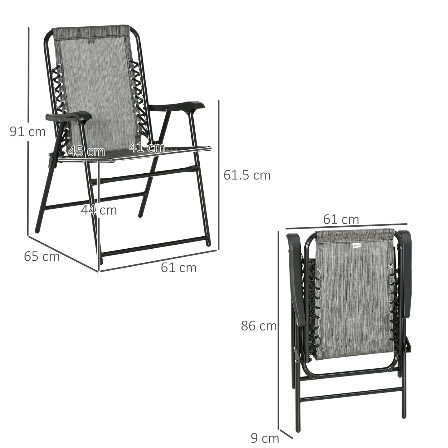 Outsunny 2 Pieces Foldable Chair Set, Outdoor Portable Loungers for Camping Pool Beach Deck, Lawn Chairs with Armrest Steel Frame, Grey