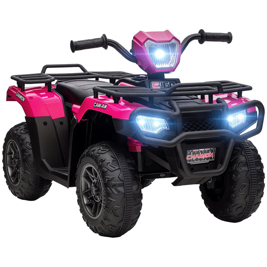 Pink and black kids' ride-on quad bike with chunky tires, cargo racks, LED headlights and handlebars