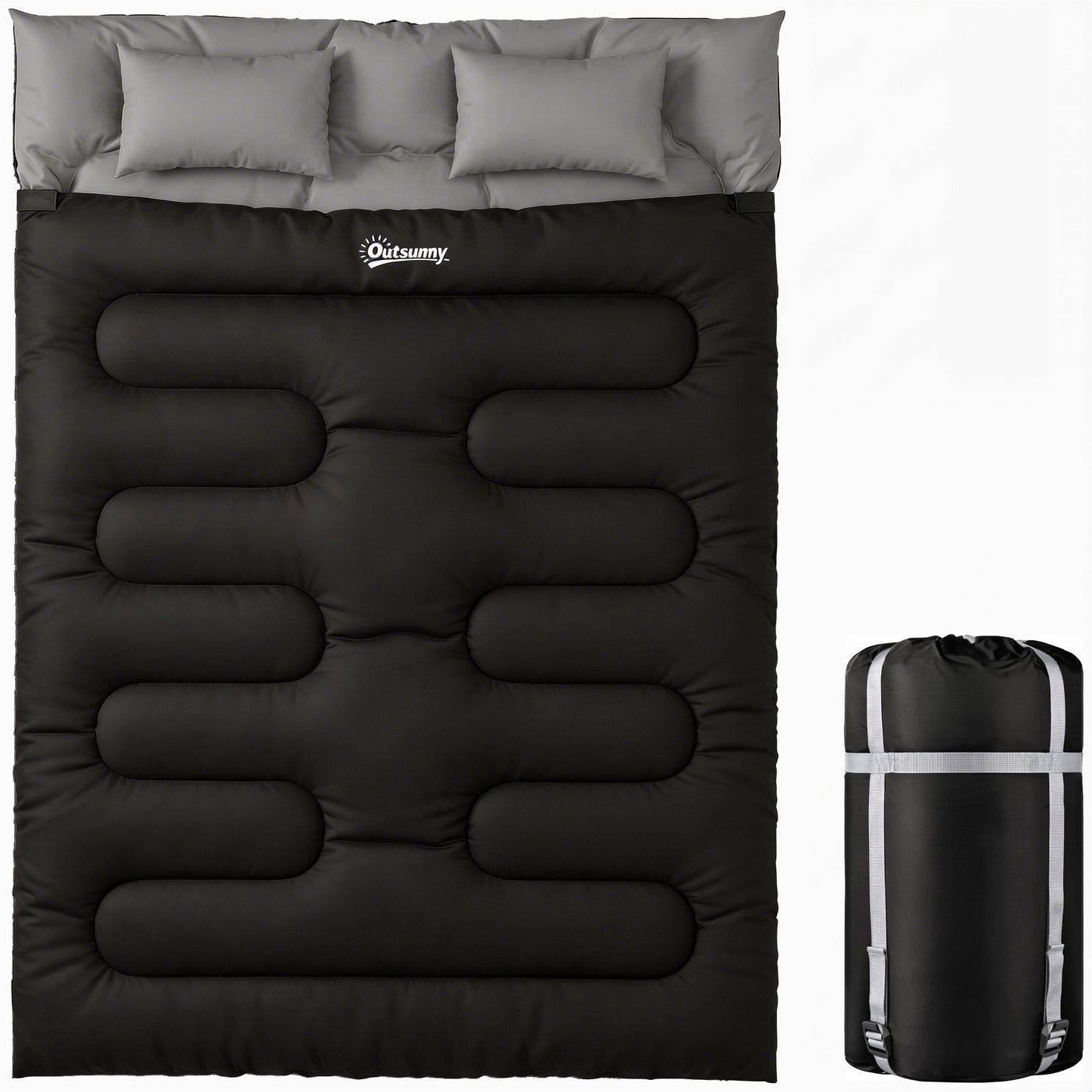 Photo of Outsunny Double Sleeping Bag with 2 Pillows, 220 x 160 cm Extra-Large Sleeping Bag for Adults, Black in Black colour on a white background