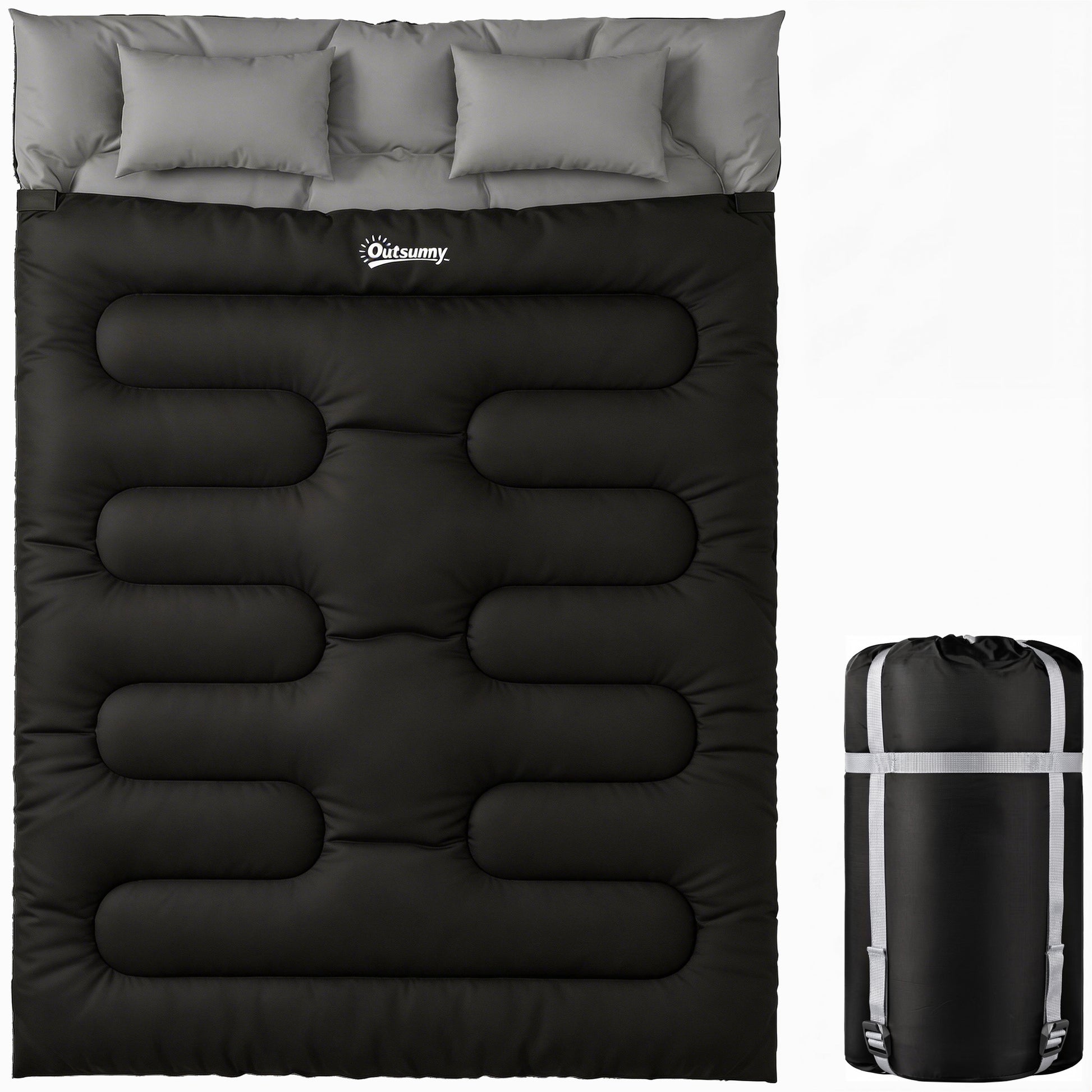 Photo of Outsunny Double Sleeping Bag with 2 Pillows, 220 x 160 cm Extra-Large Sleeping Bag for Adults, Black in Black colour on a white background