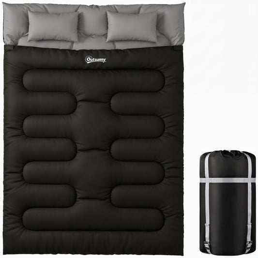 Photo of Outsunny Double Sleeping Bag with 2 Pillows, 220 x 160 cm Extra-Large Sleeping Bag for Adults, Black in Black colour on a white background
