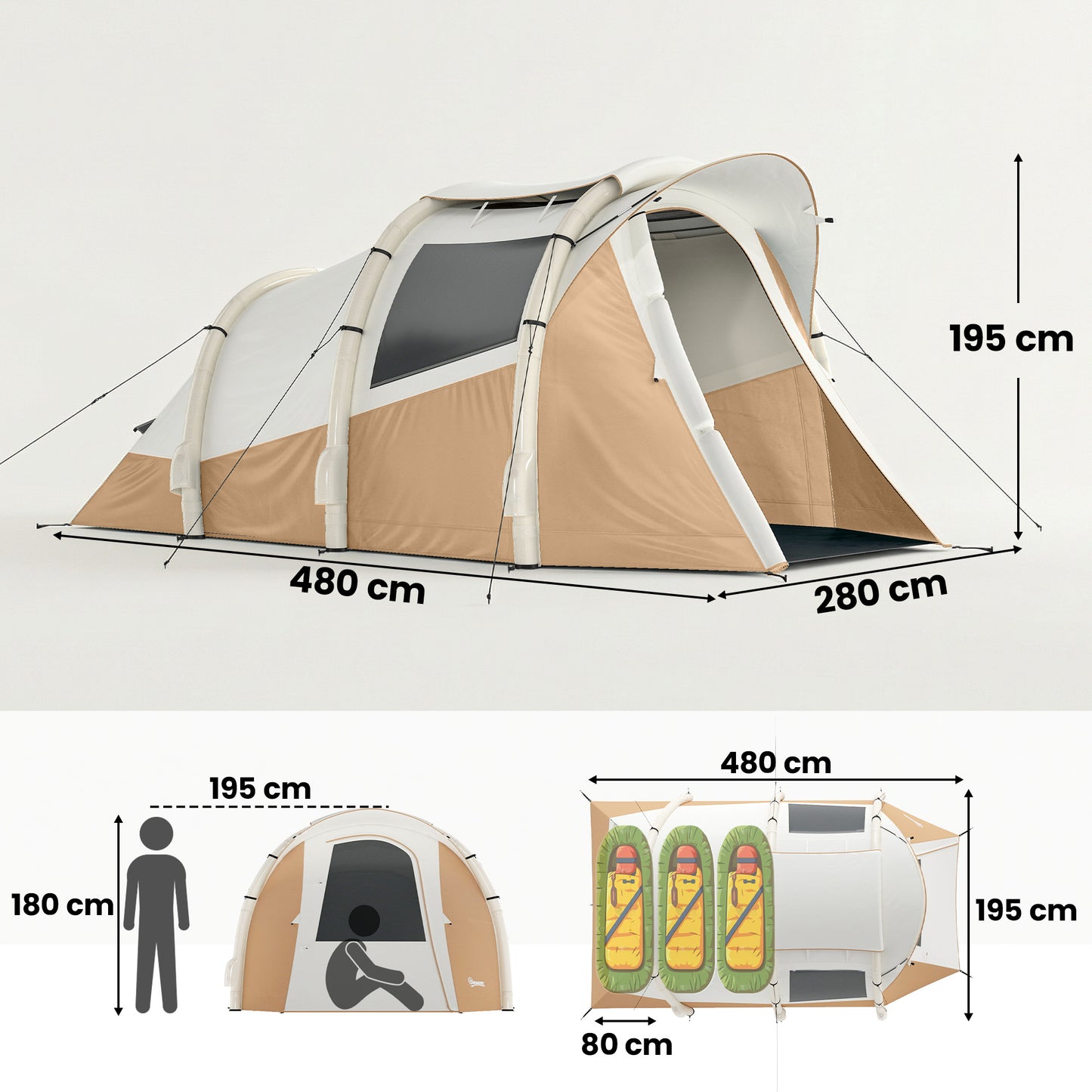 Outsunny Inflatable Camping Tent w/ Air Pump, Easy Setup 2-3 Person Blow Up Tent, Khaki