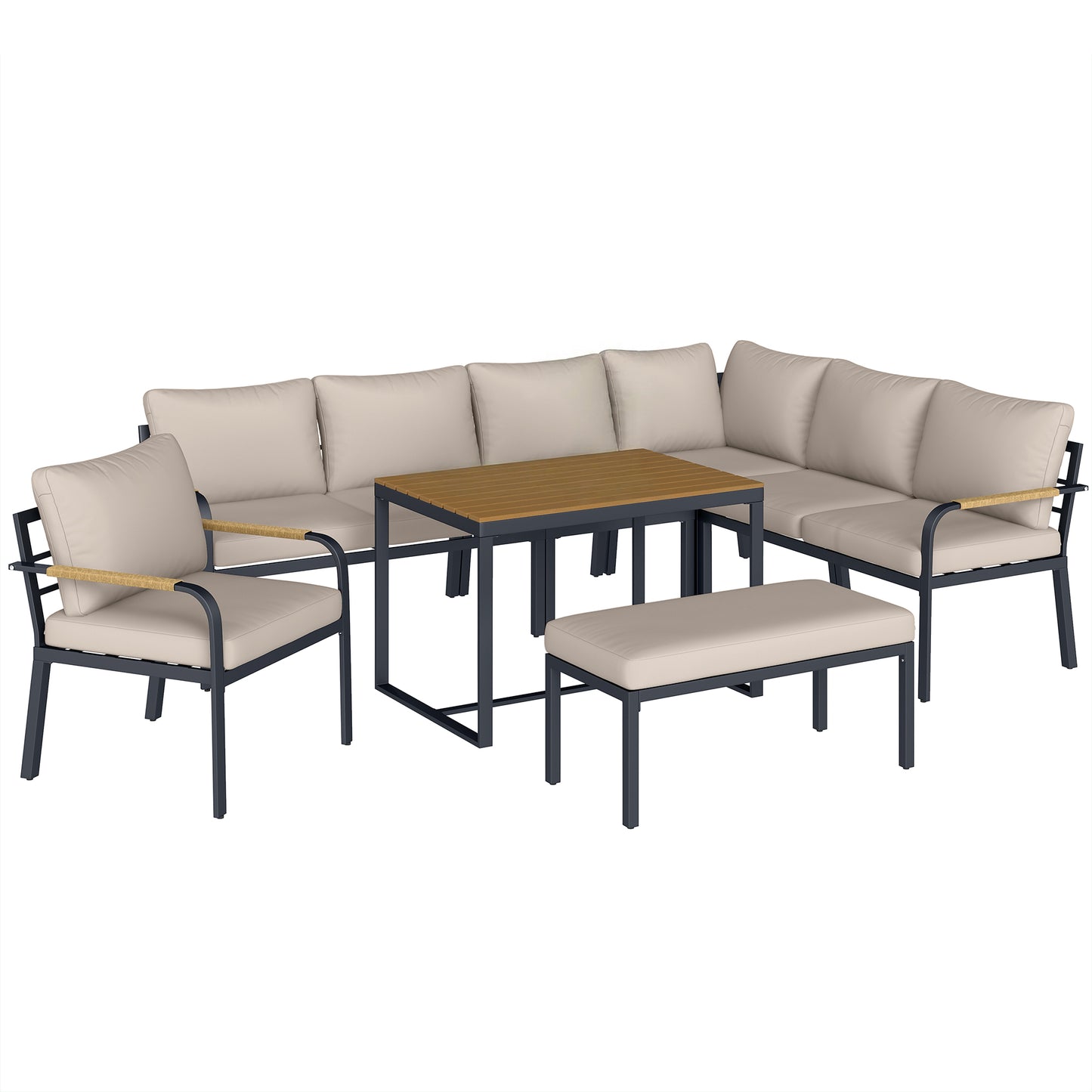 Photo of Outsunny 7 Seater Garden Furniture Set, Metal Garden Sofa Set with Cushions, Outdoor Furniture Conversation Sets, Khaki in Khaki colour on a white background