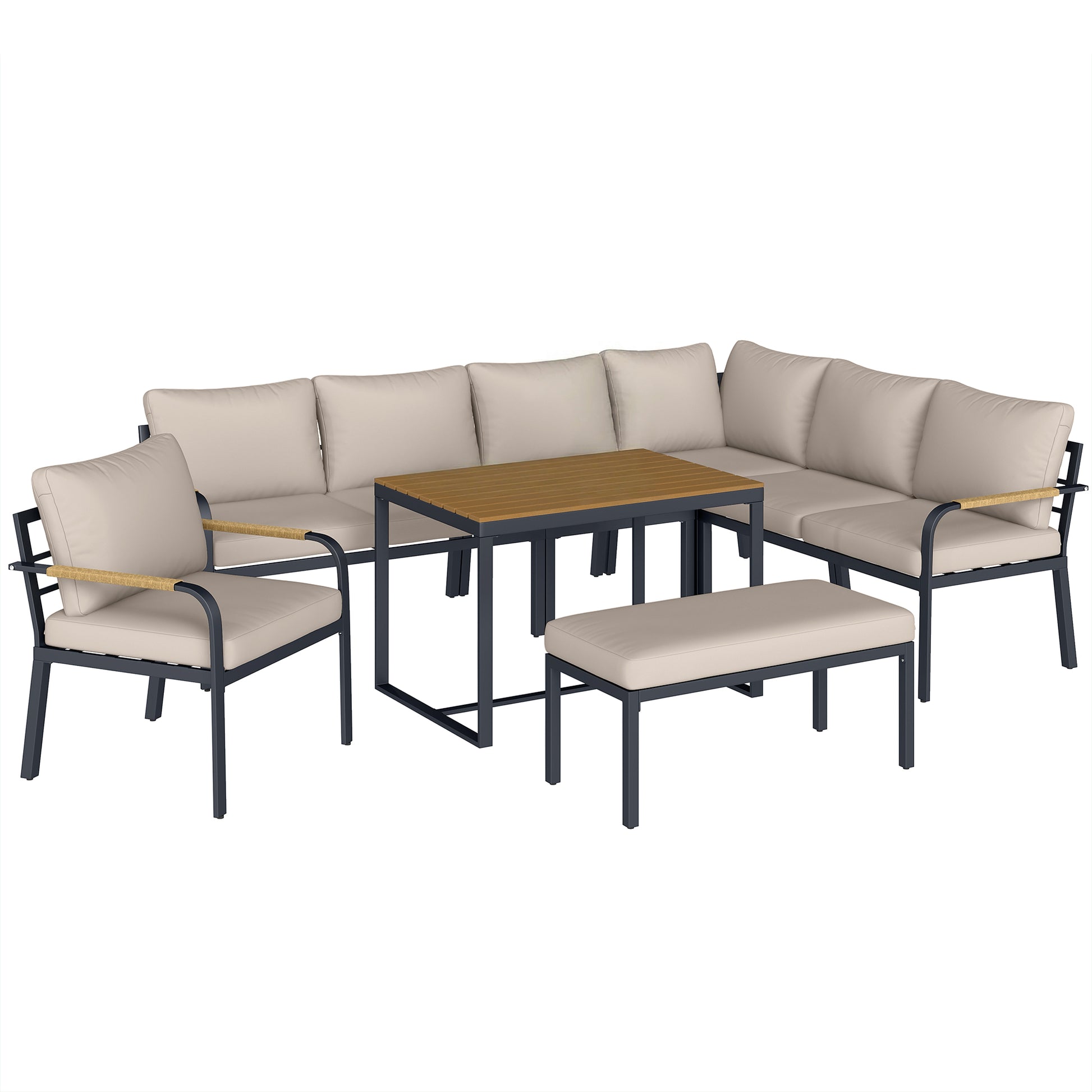 Photo of Outsunny 7 Seater Garden Furniture Set, Metal Garden Sofa Set with Cushions, Outdoor Furniture Conversation Sets, Khaki in Khaki colour on a white background