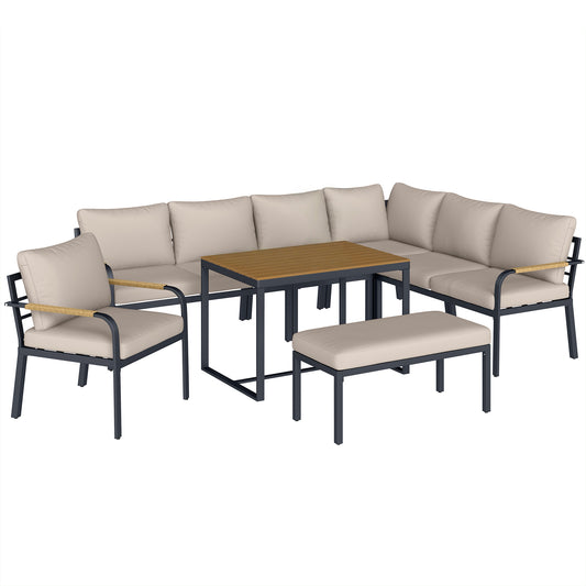 Photo of Outsunny 7 Seater Garden Furniture Set, Metal Garden Sofa Set with Cushions, Outdoor Furniture Conversation Sets, Khaki in Khaki colour on a white background